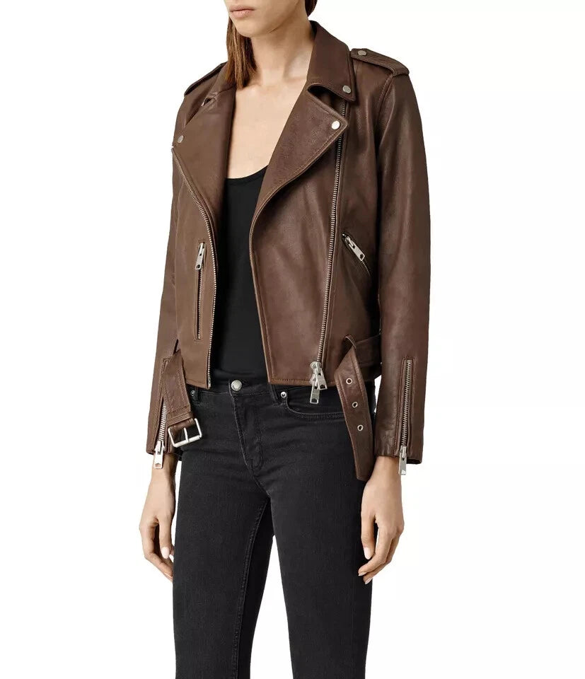 Women's Original Premium Chocolate Brown Leather Biker Jacket — Gold Hardware