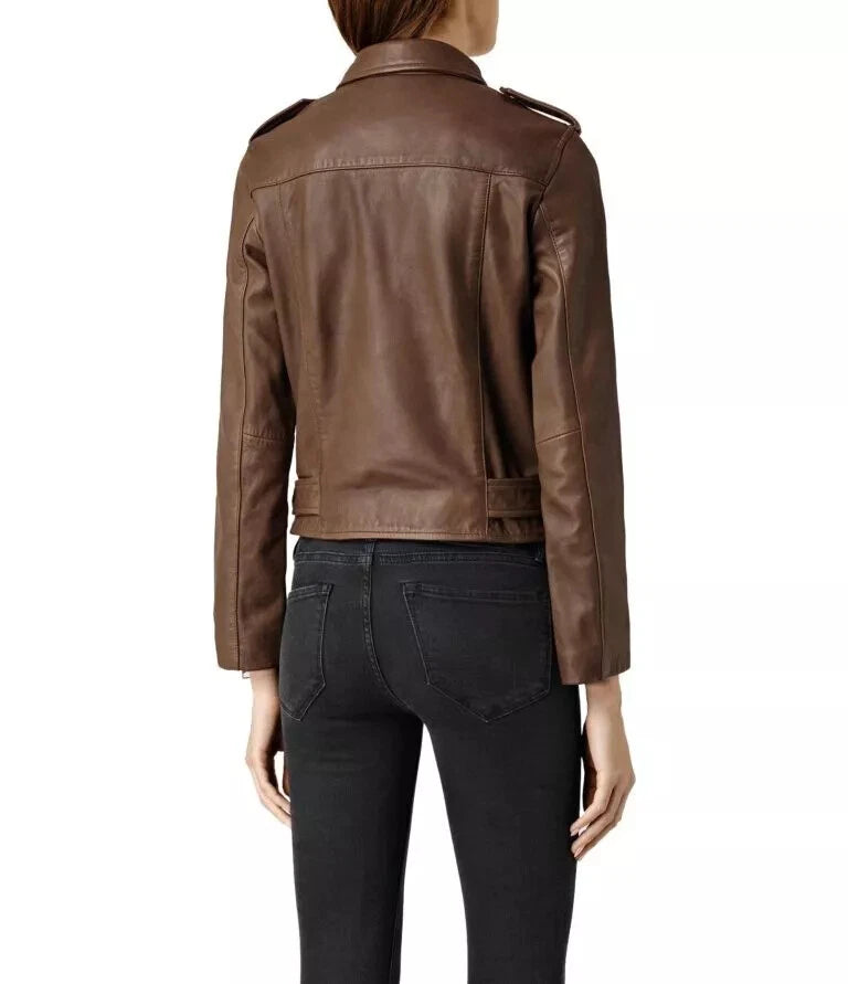 Women's Original Premium Chocolate Brown Leather Biker Jacket — Gold Hardware