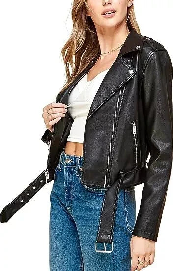 Women's Original Premium Black Leather Belted Moto Jacket