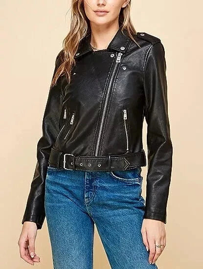 Women's Original Premium Black Leather Belted Moto Jacket