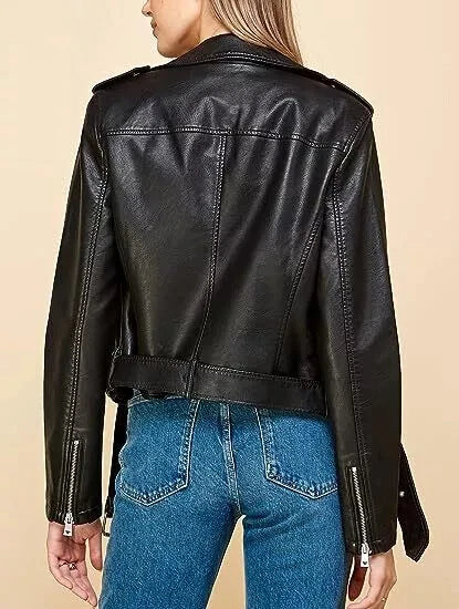 Women's Original Premium Black Leather Belted Moto Jacket