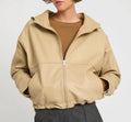 Women's Premium Original Beige Leather Hooded Oversized Bomber Jacket