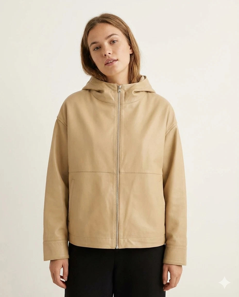 Women's Premium Original Beige Leather Hooded Oversized Bomber Jacket