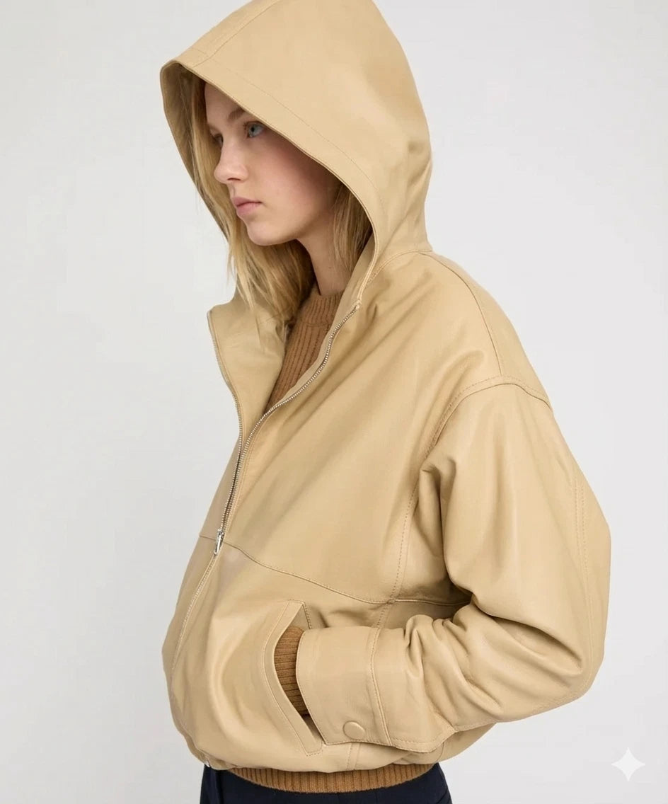 Women's Premium Original Beige Leather Hooded Oversized Bomber Jacket