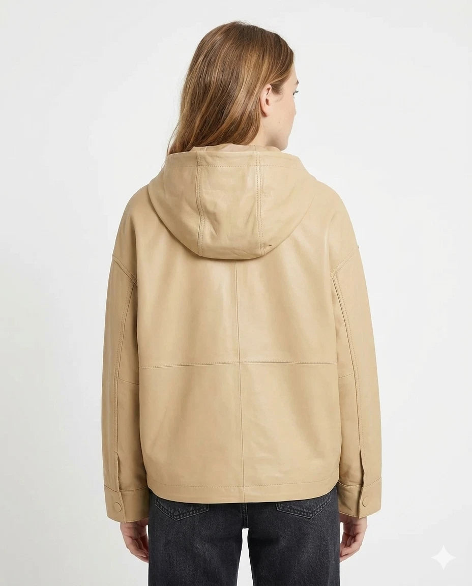 Women's Premium Original Beige Leather Hooded Oversized Bomber Jacket