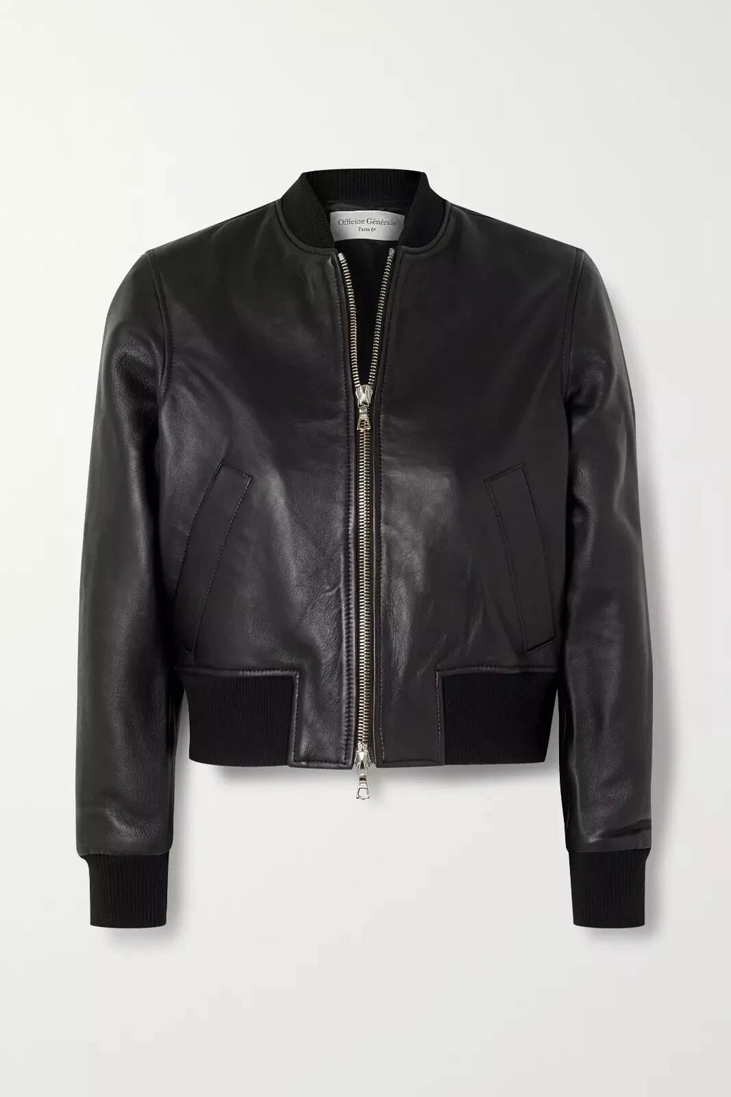 Women's Black Premium Leather Classic Original Bomber Jacket — Ribbed Trim