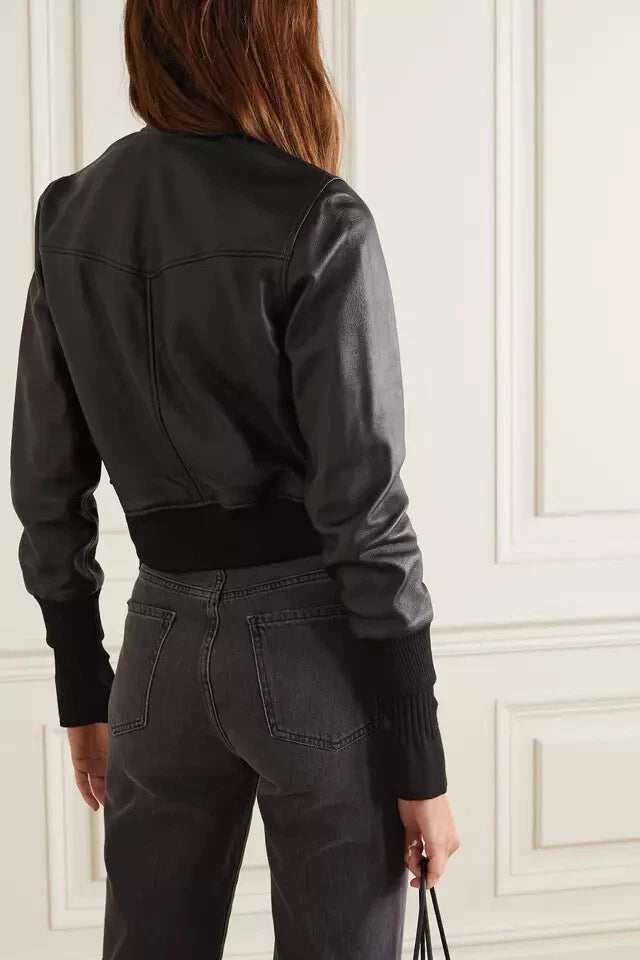 Women's Black Premium Leather Classic Original Bomber Jacket — Ribbed Trim