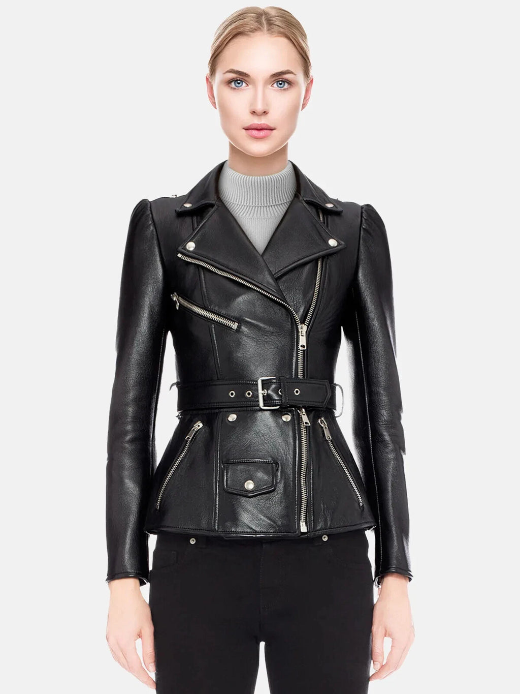 Women's Premium Original Black Leather Peplum Belted Biker Jacket — Puff Shoulders