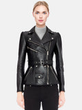 Women's Premium Original Black Leather Peplum Belted Biker Jacket — Puff Shoulders