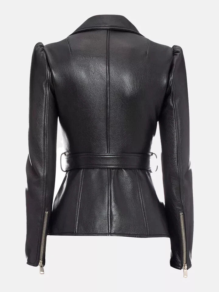 Women's Premium Original Black Leather Peplum Belted Biker Jacket — Puff Shoulders