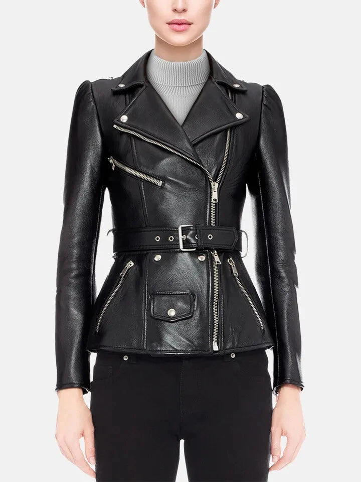 Women's Premium Original Black Leather Peplum Belted Biker Jacket — Puff Shoulders