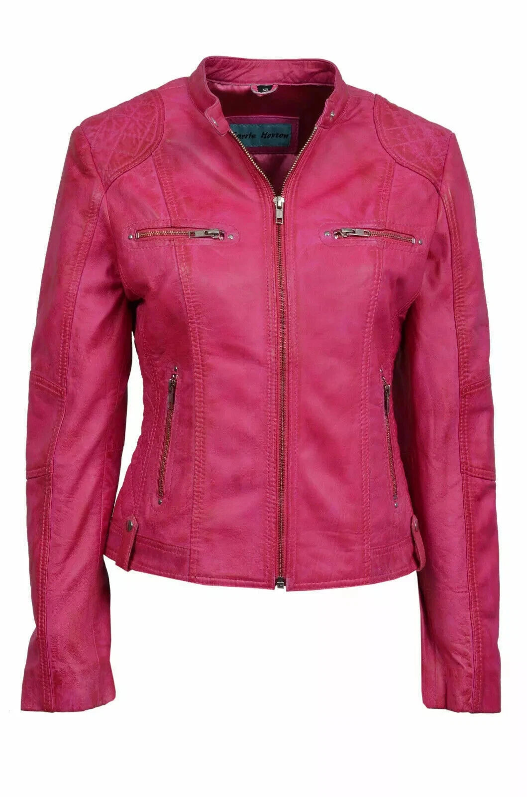 Women's Pink Original Leather Café Racer Premium Jacket — Quilted Shoulders
