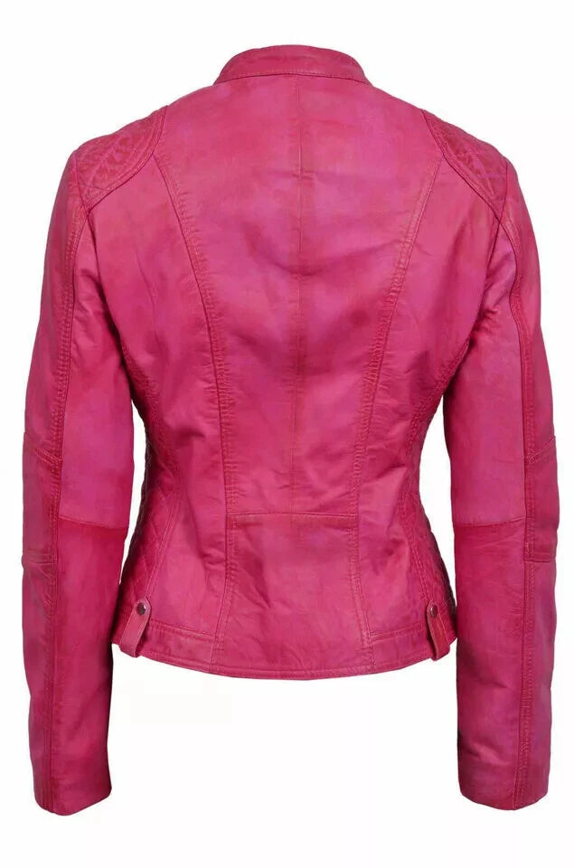 Women's Pink Original Leather Café Racer Premium Jacket — Quilted Shoulders
