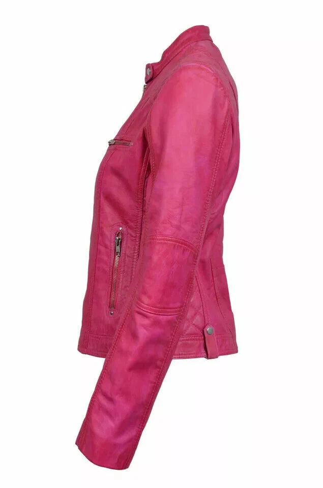 Women's Pink Original Leather Café Racer Premium Jacket — Quilted Shoulders