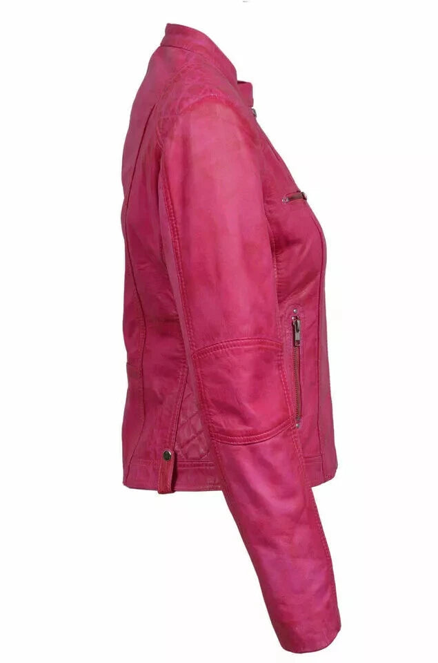 Women's Pink Original Leather Café Racer Premium Jacket — Quilted Shoulders