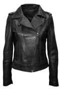 Women's Premium Black Original Leather Minimalist Asymmetric Biker Jacket — Epaulettes