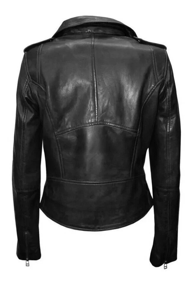 Women's Premium Black Original Leather Minimalist Asymmetric Biker Jacket — Epaulettes