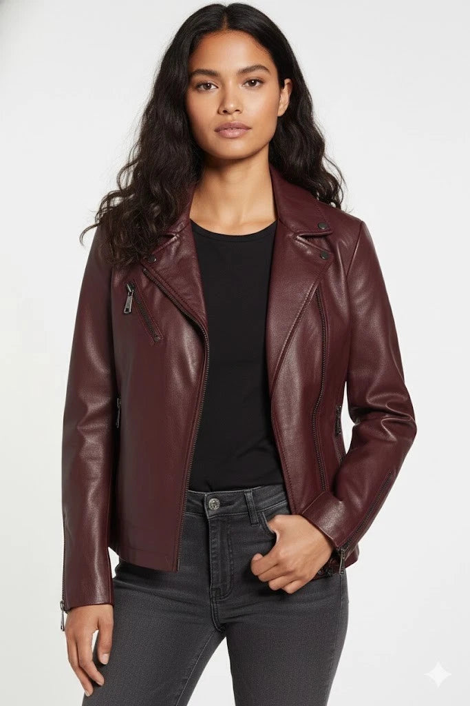 Women's Premium Original Burgundy Genuine Lambskin Leather Biker Jacket