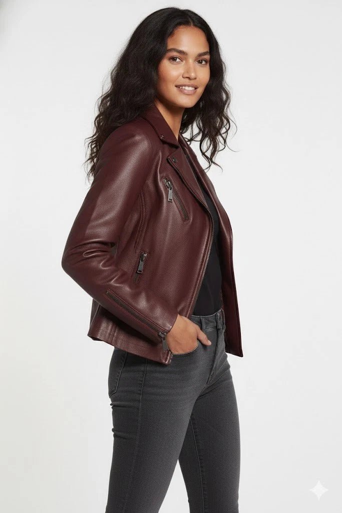 Women's Premium Original Burgundy Genuine Lambskin Leather Biker Jacket