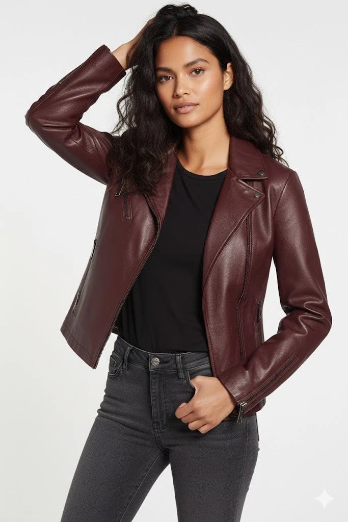 Women's Premium Original Burgundy Genuine Lambskin Leather Biker Jacket