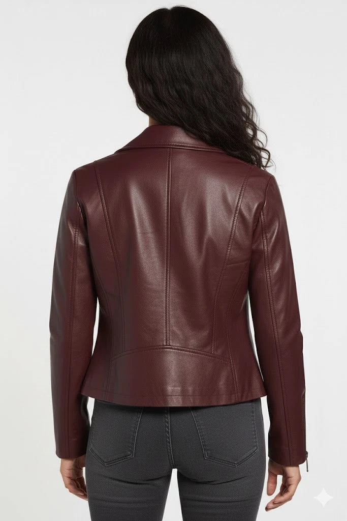 Women's Premium Original Burgundy Genuine Lambskin Leather Biker Jacket