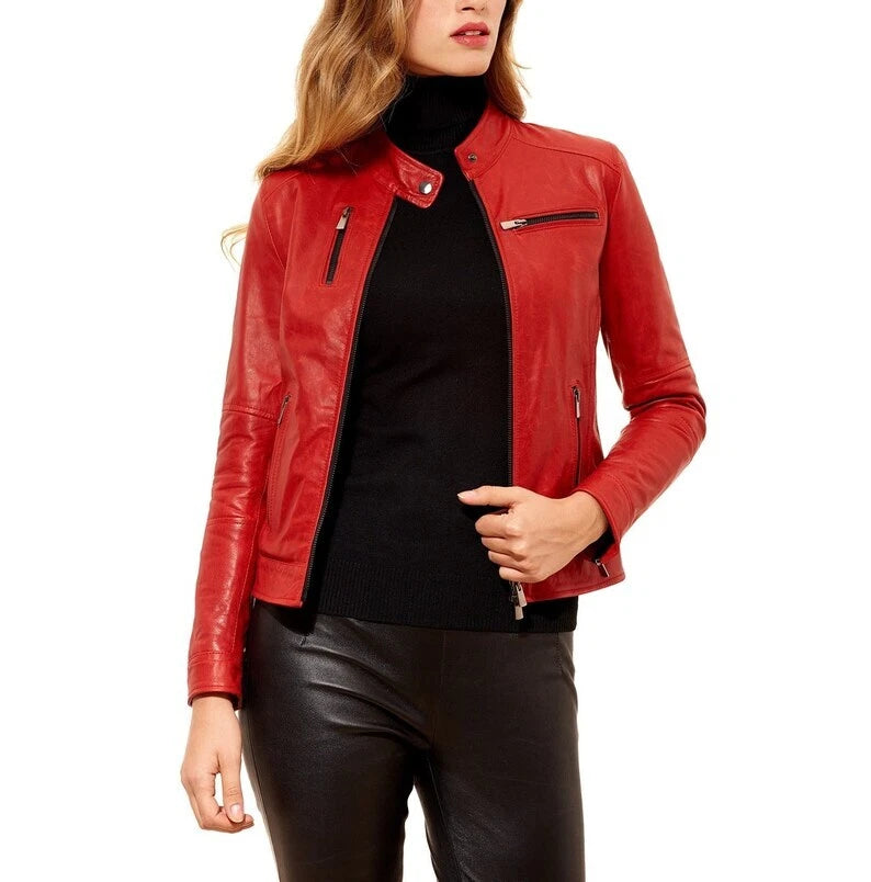 Women's Premium Red Original Slim Fit Leather Biker Jacket