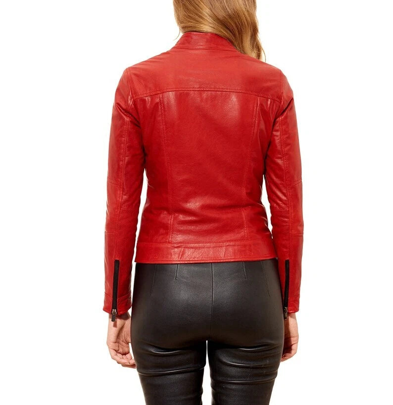 Women's Premium Red Original Slim Fit Leather Biker Jacket