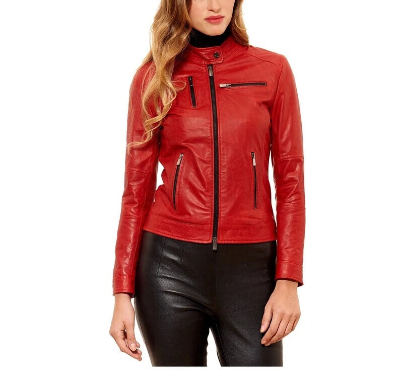 Women's Premium Red Original Slim Fit Leather Biker Jacket