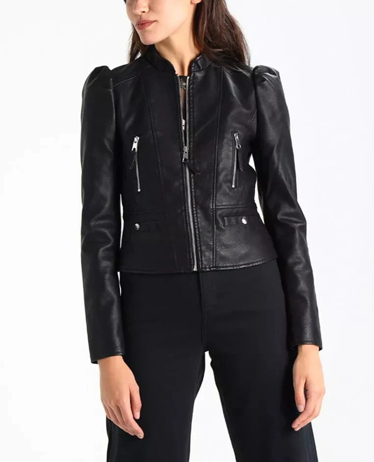 Women's Premium Black Lambskin .Leather Puff Shoulder Jacket