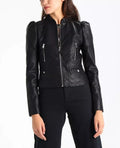 Women's Premium Black Lambskin .Leather Puff Shoulder Jacket