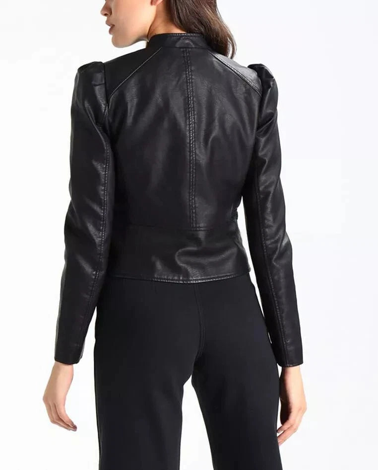 Women's Premium Black Lambskin .Leather Puff Shoulder Jacket