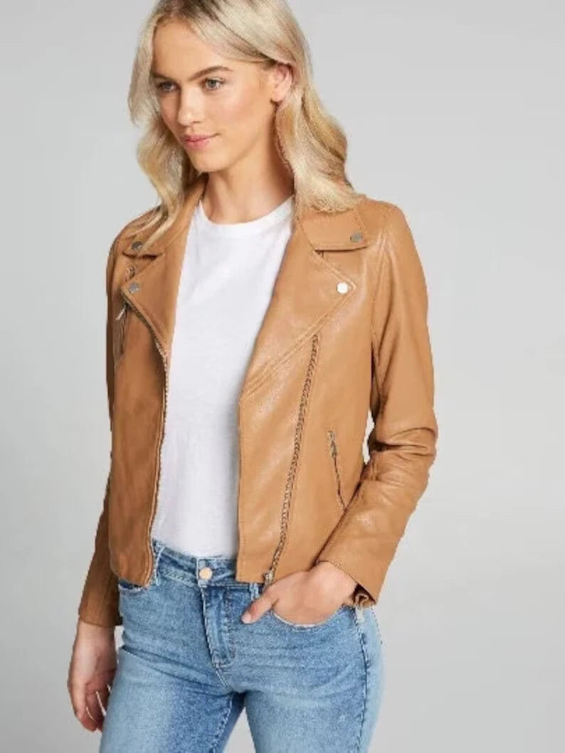 Women's Premium Tan Original Lambskin Genuine Leather Biker Jacket