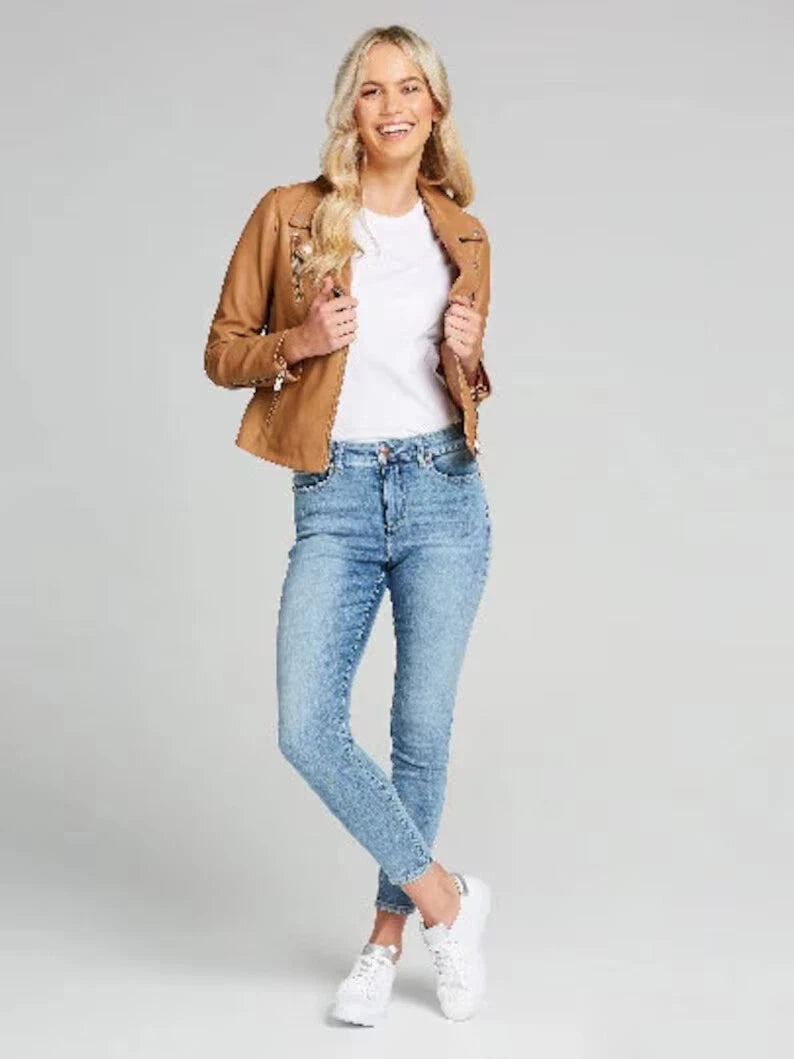 Women's Premium Tan Original Lambskin Genuine Leather Biker Jacket