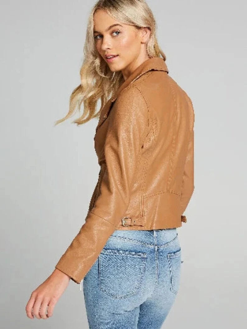 Women's Premium Tan Original Lambskin Genuine Leather Biker Jacket