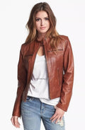 Women's Cognac Premium Brown Original Lambskin Genuine Leather Moto Jacket