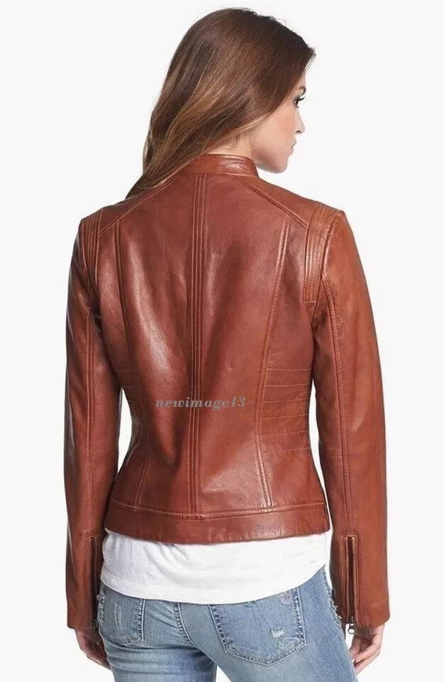 Women's Cognac Premium Brown Original Lambskin Genuine Leather Moto Jacket