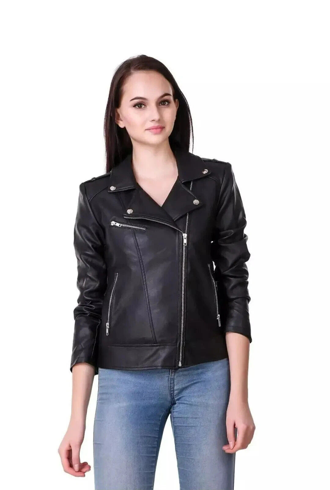 Women's Premium Black Multi-Zip Original Lambskin Genuine Leather Biker Jacket