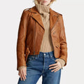 Women's Premium Tan Original Lambskin Leather Biker Jacket — Classic Moto