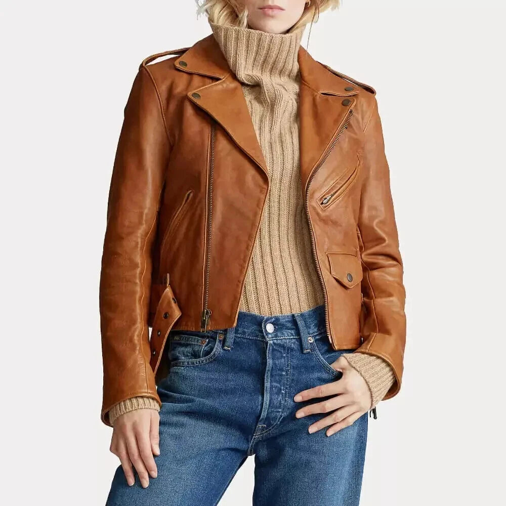Women's Premium Tan Original Lambskin Leather Biker Jacket — Classic Moto