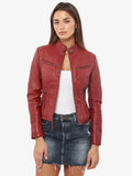 Women's Premium Burgundy Original Genuine Lambskin Leather Moto Jacket — Band Collar
