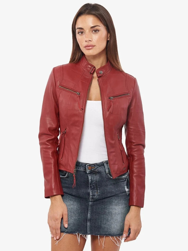 Women's Premium Burgundy Original Genuine Lambskin Leather Moto Jacket — Band Collar