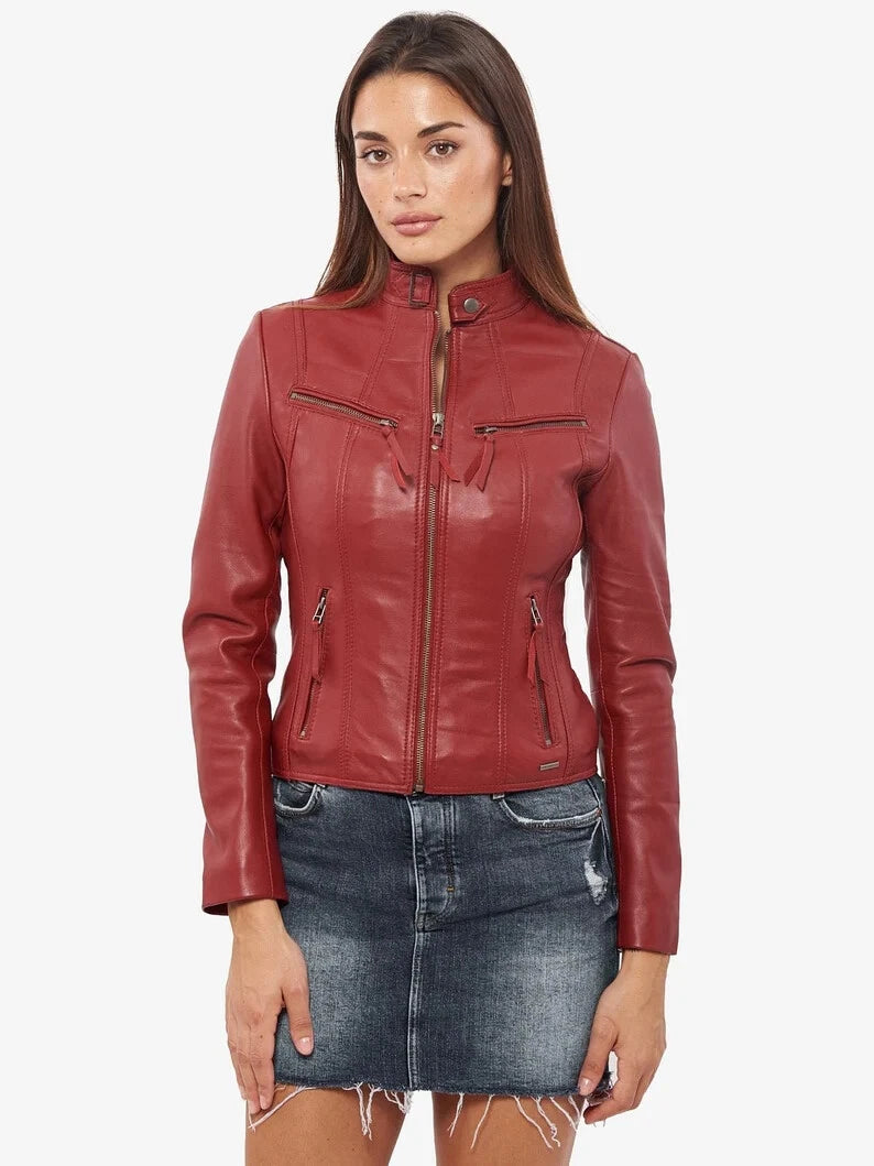 Women's Premium Burgundy Original Genuine Lambskin Leather Moto Jacket — Band Collar