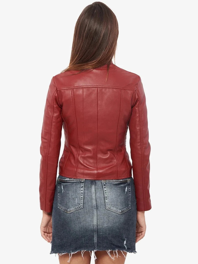 Women's Premium Burgundy Original Genuine Lambskin Leather Moto Jacket — Band Collar