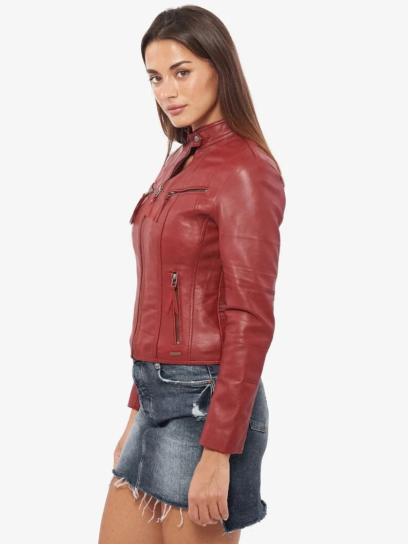 Women's Premium Burgundy Original Genuine Lambskin Leather Moto Jacket — Band Collar