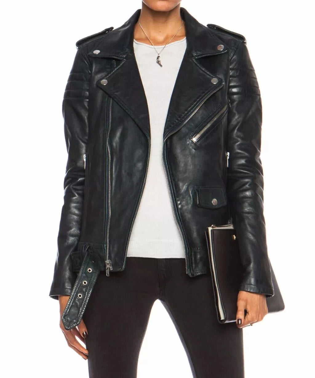 Women's Premium Black Belted Original Lambskin Leather Biker Jacket