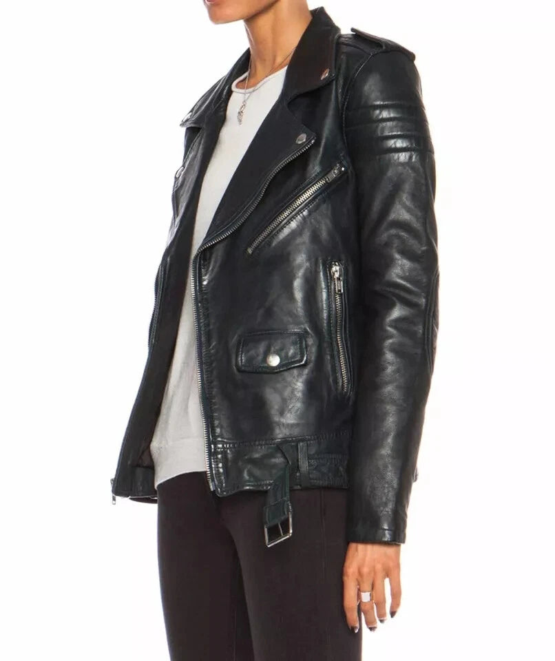 Women's Premium Black Belted Original Lambskin Leather Biker Jacket
