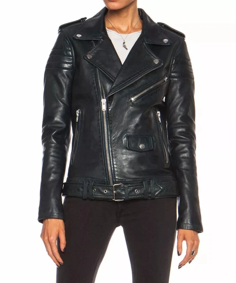Women's Premium Black Belted Original Lambskin Leather Biker Jacket