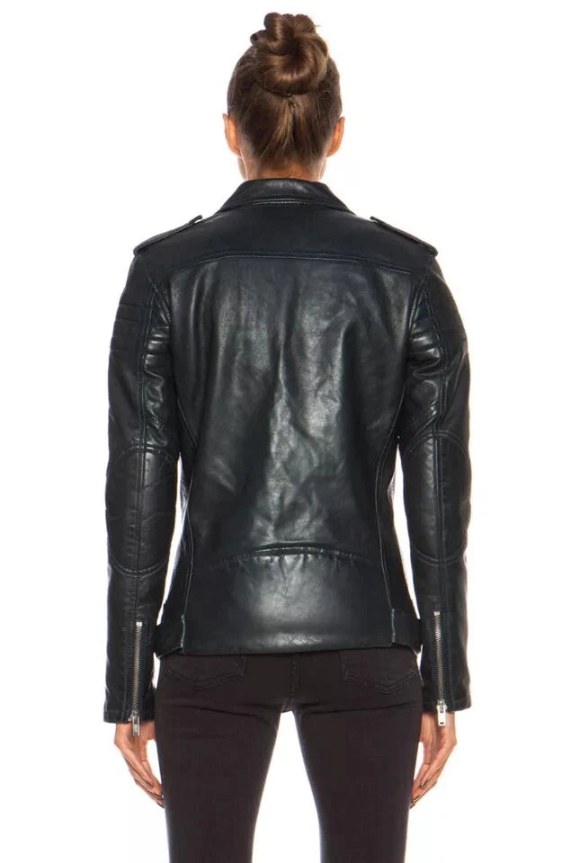Women's Premium Black Belted Original Lambskin Leather Biker Jacket