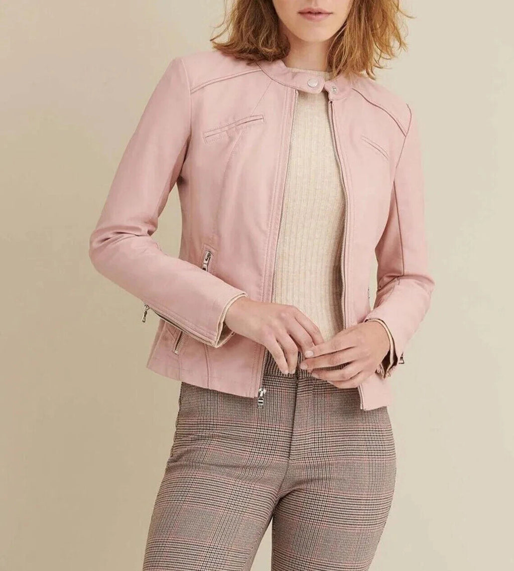 Women's Premium Blush Pink Original Lambskin Leather Moto Jacket — Collarless