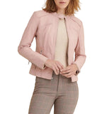 Women's Premium Blush Pink Original Lambskin Leather Moto Jacket — Collarless – biker jacket, side view – Kamercio